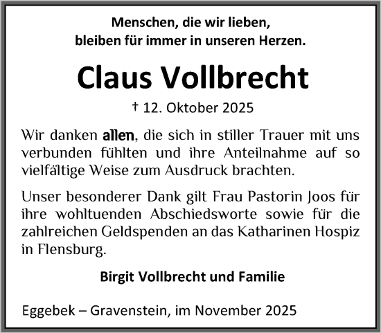 Traueranzeige von Claus Vollbrecht von Flensburger Tageblatt, Schleswiger Nachrichten, Schlei-Bote
