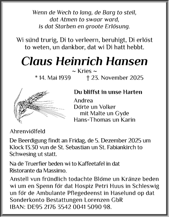 Traueranzeige von Claus Heinrich Hansen von Husumer Nachrichten, Nordfriesland Tageblatt