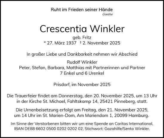 Traueranzeige von Crescentia Winkler von Region Pinneberg und tip Pinneberg