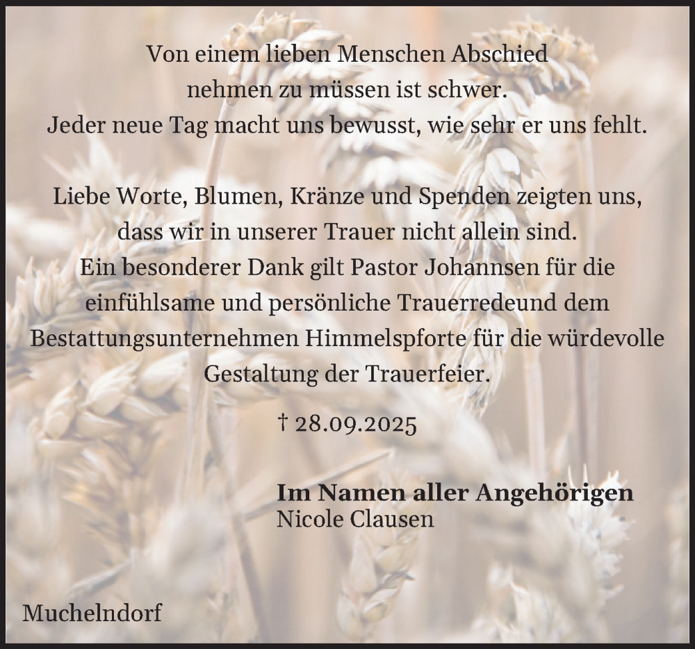  Traueranzeige für Danksagung  vom 15.11.2025 aus Norddeutsche Rundschau, Wilstersche Zeitung, Glückstädter Fortuna