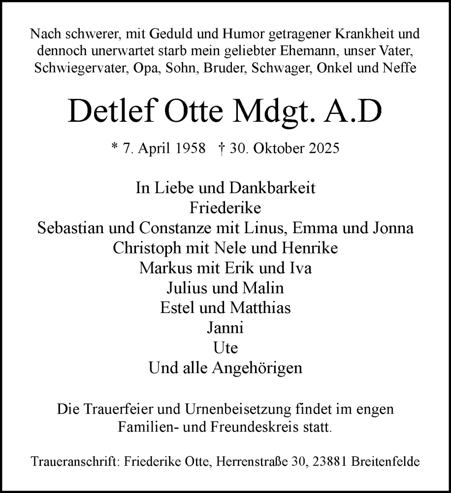  Traueranzeige für Detlef Otte vom 15.11.2025 aus MARKT Ratzeburg/Mölln