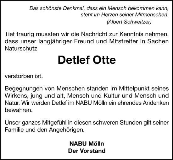 Traueranzeige von Detlef Otte von MARKT Ratzeburg/Mölln