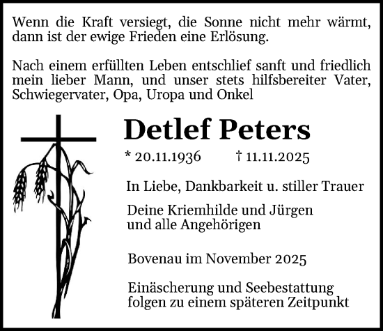 Traueranzeige von Detlef Peters von Schleswig-Holsteinische Landeszeitung