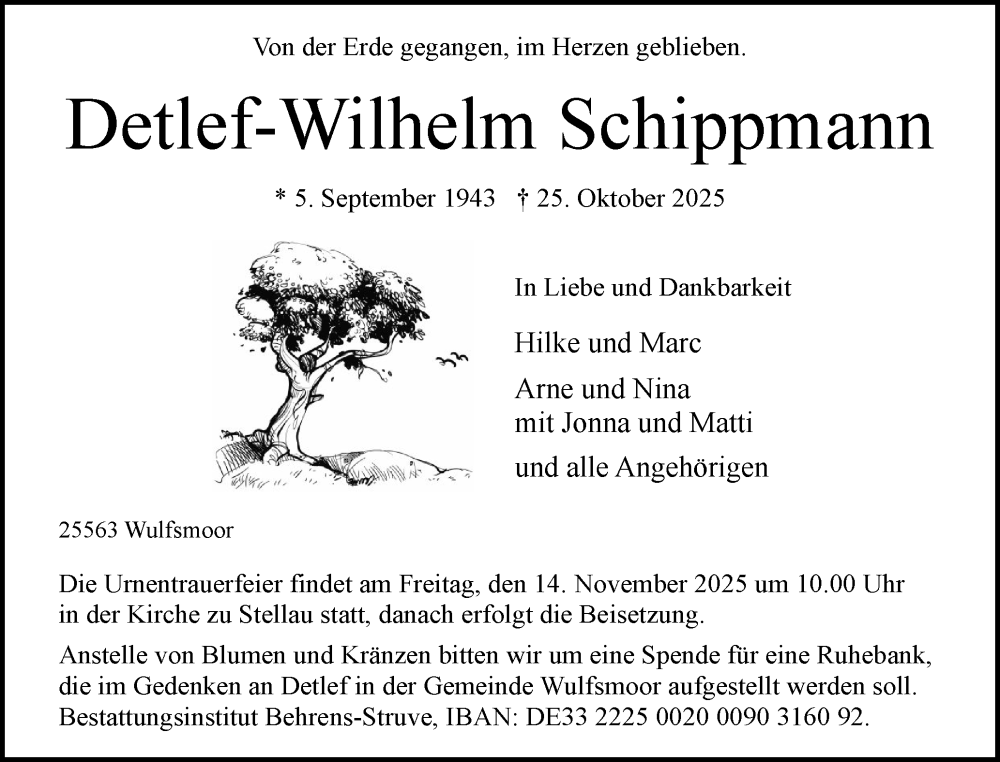  Traueranzeige für Detlef-Wilhelm Schippmann vom 08.11.2025 aus Norddeutsche Rundschau, Wilstersche Zeitung, Glückstädter Fortuna