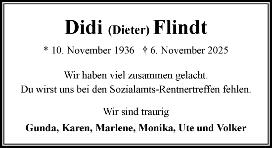 Traueranzeige von Dieter Flindt von MARKT Bad Oldesloe/Reinfeld und Stormarner Tageblatt