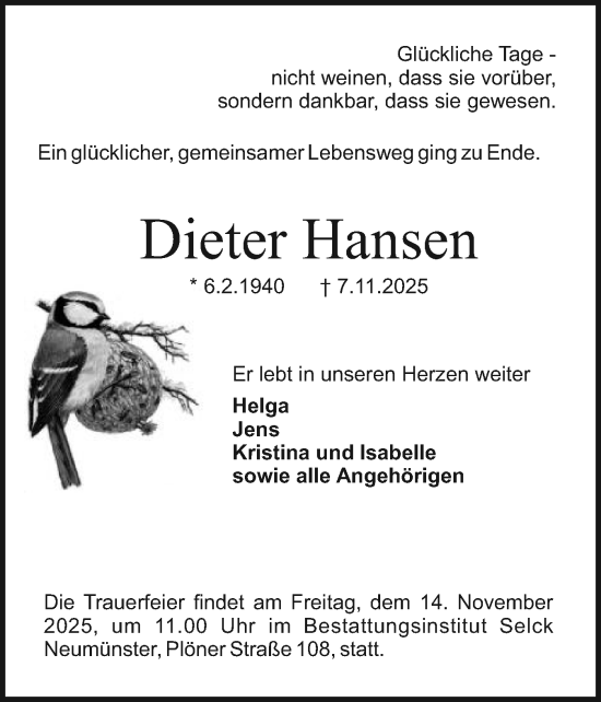 Traueranzeige von Dieter Hansen von Holsteinischer Courier