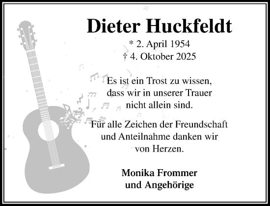 Traueranzeige von Dieter Huckfeldt von Umschau
