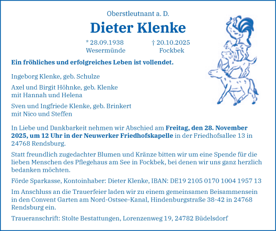 Traueranzeige von Dieter Klenke von Schleswig-Holsteinische Landeszeitung