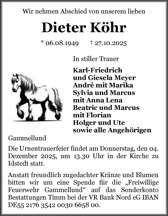 Traueranzeige von Dieter Köhr von Schleswiger Nachrichten, Schlei-Bote