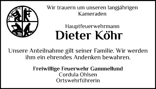 Traueranzeige von Dieter Köhr von Schleswiger Nachrichten, Schlei-Bote