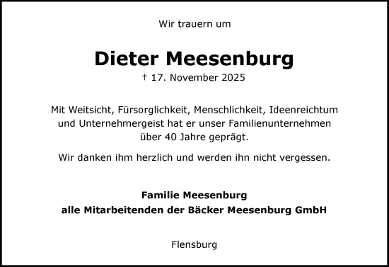 Traueranzeige von Dieter Meesenburg von Flensburger Tageblatt