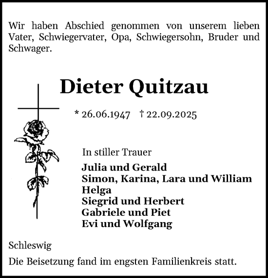 Traueranzeige von Dieter Quitzau von Schleswiger Nachrichten, Schlei-Bote