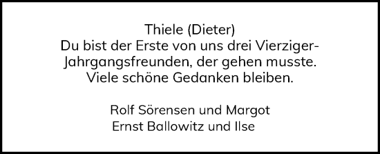 Traueranzeige von Dieter Thiele von Flensburger Tageblatt