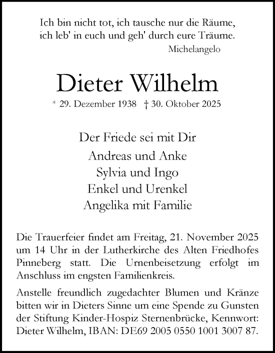 Traueranzeige von Dieter Wilhelm von Region Pinneberg und tip Pinneberg