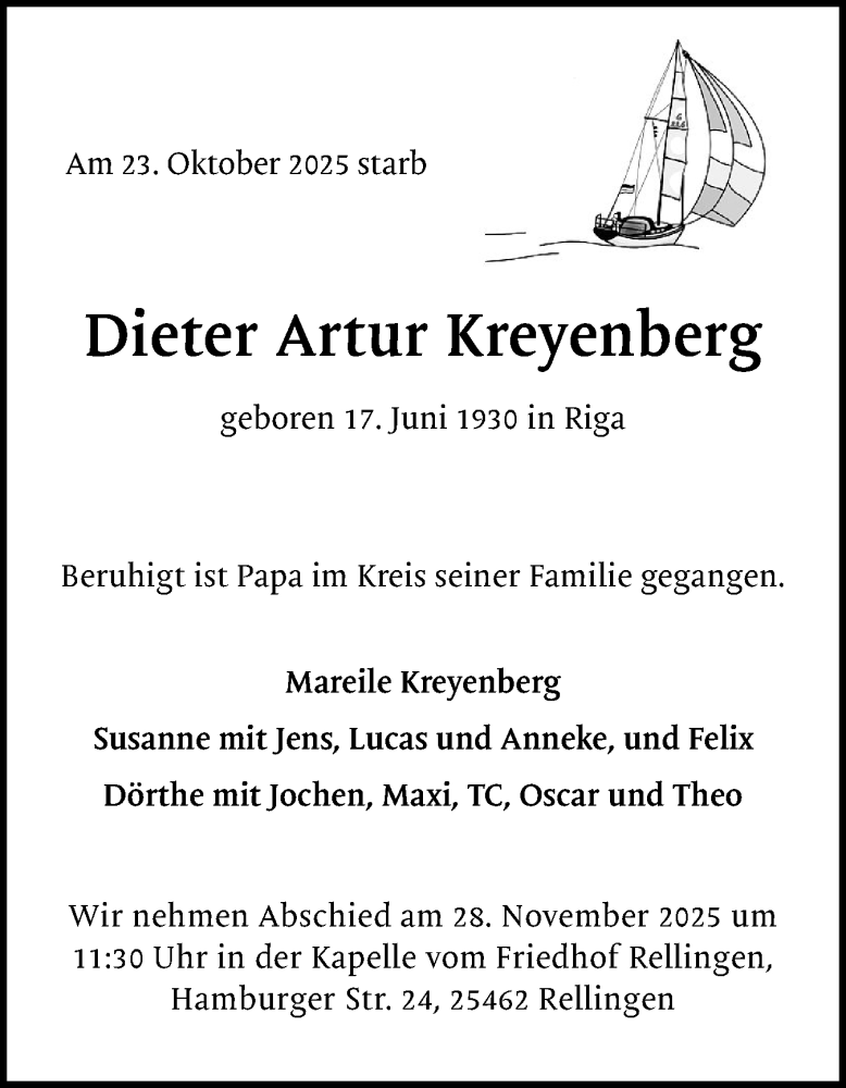  Traueranzeige für Dieter Artur Kreyenberg vom 22.11.2025 aus Region Pinneberg und tip Pinneberg