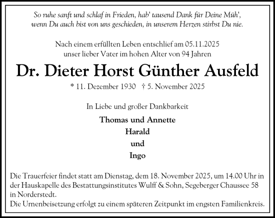 Traueranzeige von Dieter Horst Günther Ausfeld von Heimatspiegel