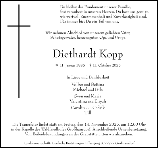 Traueranzeige von Diethardt Kopp von MARKT Ahrensburg/Bargteheide/Trittau und Stormarner Tageblatt