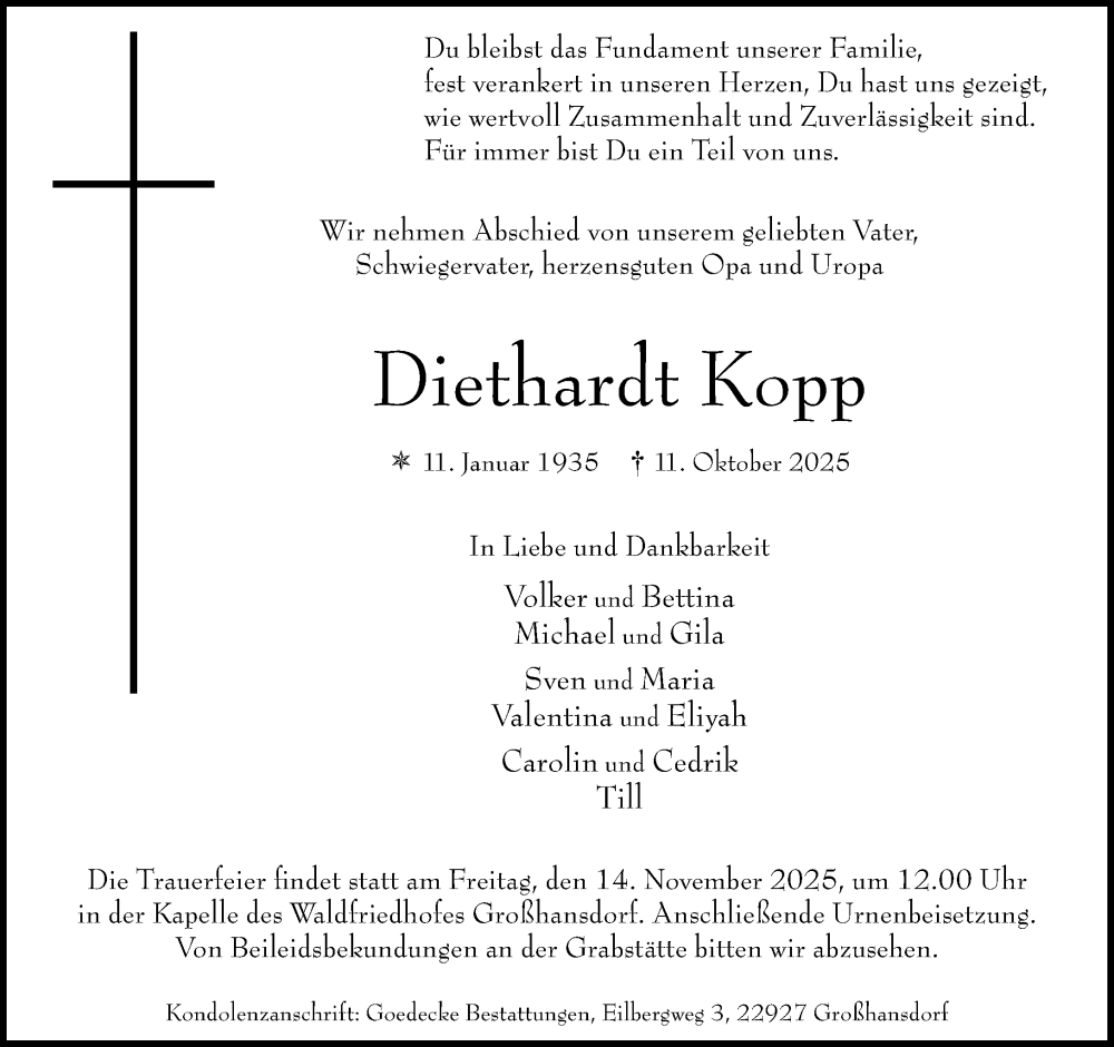  Traueranzeige für Diethardt Kopp vom 08.11.2025 aus MARKT Ahrensburg/Bargteheide/Trittau und Stormarner Tageblatt
