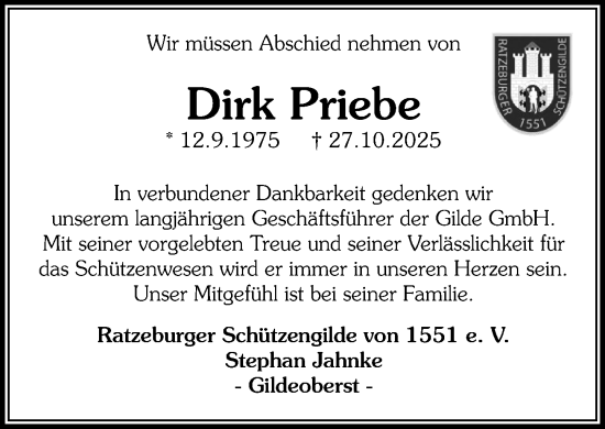 Traueranzeige von Dirk Priebe von MARKT Ratzeburg/Mölln