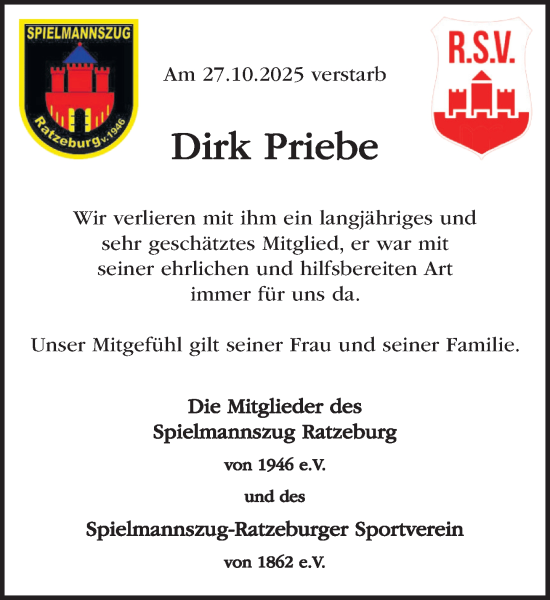 Traueranzeige von Dirk Priebe von MARKT Ratzeburg/Mölln