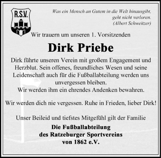 Traueranzeige von Dirk Priebe von MARKT Ratzeburg/Mölln