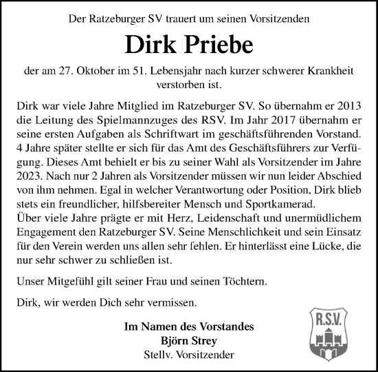 Traueranzeige von Dirk Priebe von MARKT Ratzeburg/Mölln