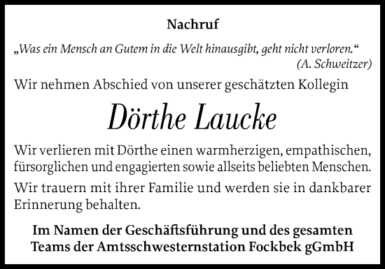 Traueranzeige von Dörthe Laucke von Schleswig-Holsteinische Landeszeitung