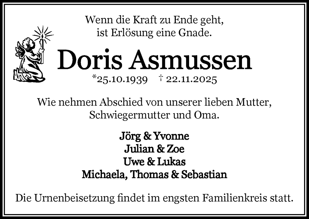  Traueranzeige für Doris Asmussen vom 29.11.2025 aus Wochenend Anzeiger