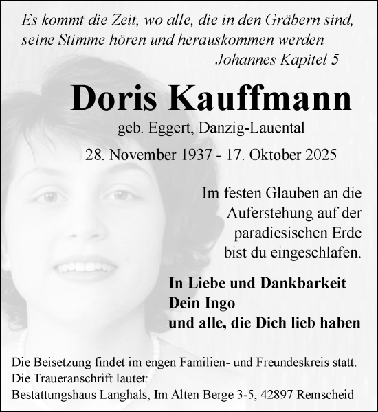 Traueranzeige von Doris Kauffmann von MARKT Ratzeburg/Mölln