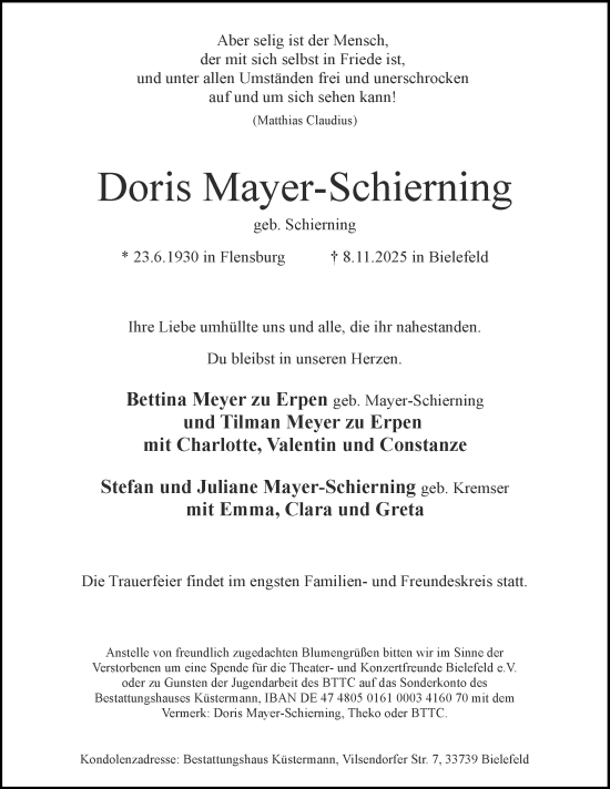 Traueranzeige von Doris Mayer-Schierning von Flensburger Tageblatt