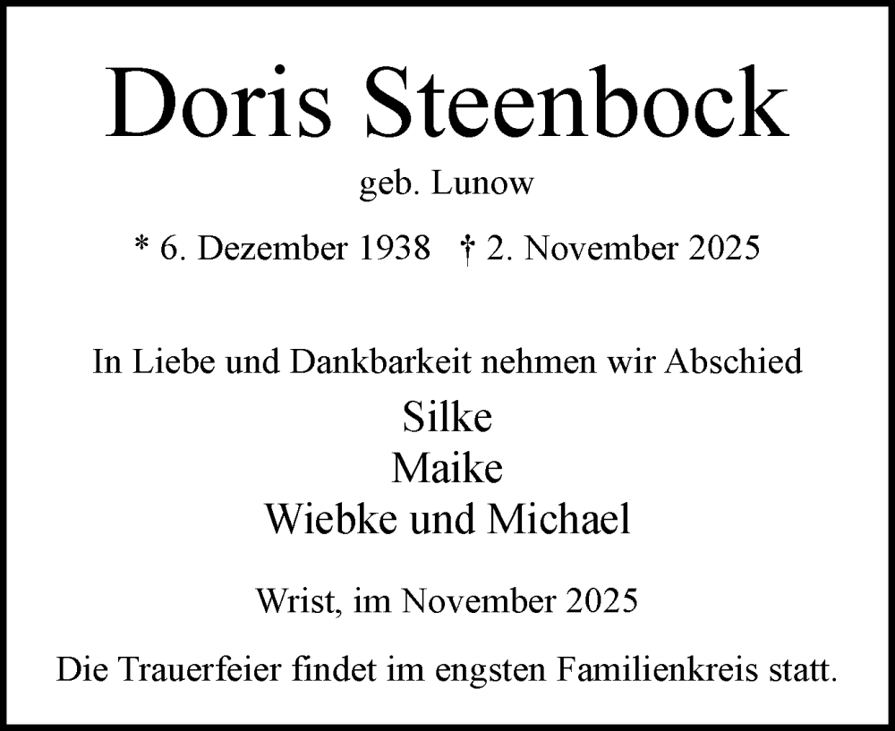  Traueranzeige für Doris Steenbock vom 15.11.2025 aus Norddeutsche Rundschau, Wilstersche Zeitung, Glückstädter Fortuna