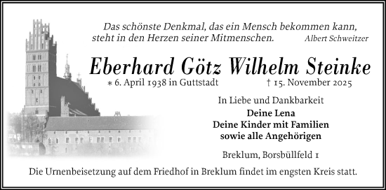 Traueranzeige von Eberhard Götz Wilhelm Steinke von Husumer Nachrichten, Nordfriesland Tageblatt