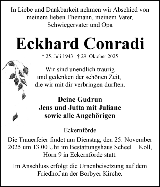 Traueranzeige von Eckhard Conradi von Eckernförder Zeitung, Hallo Eckernförde