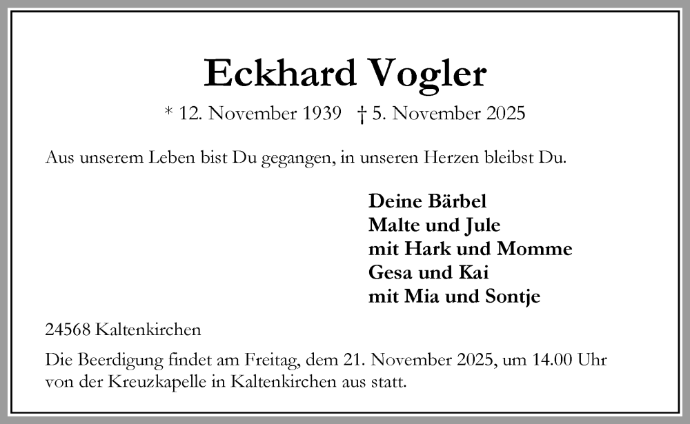  Traueranzeige für Eckhard Vogler vom 15.11.2025 aus Umschau