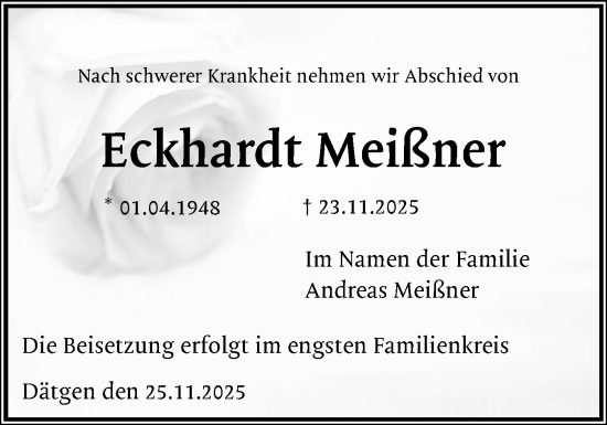 Traueranzeige von Eckhardt Meißner von Schleswig-Holsteinische Landeszeitung
