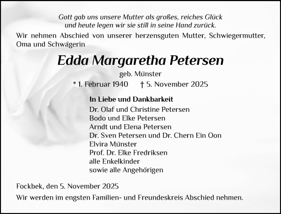 Traueranzeige von Edda Margaretha Petersen von Schleswig-Holsteinische Landeszeitung