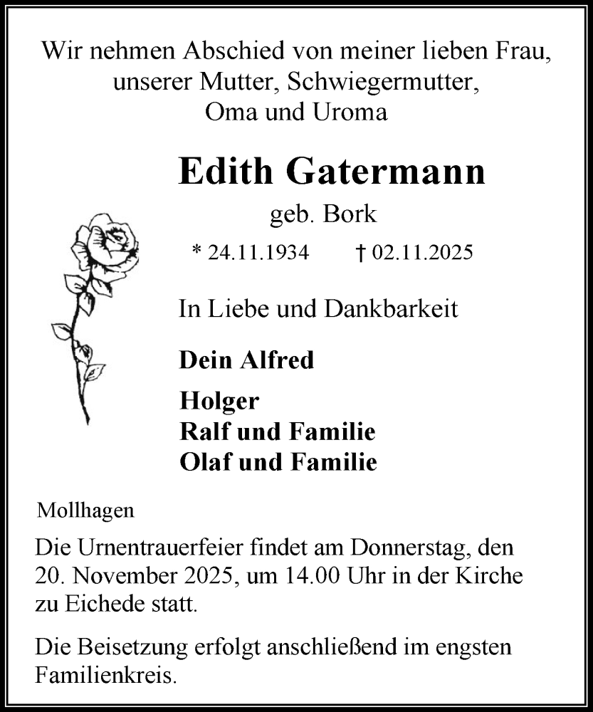  Traueranzeige für Edith Gatermann vom 15.11.2025 aus MARKT Bad Oldesloe/Reinfeld und Stormarner Tageblatt