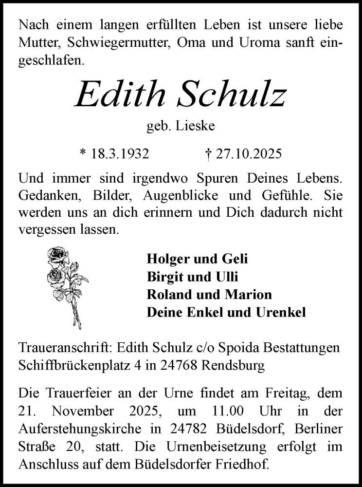  Traueranzeige für Edith Schulz vom 15.11.2025 aus Schleswig-Holsteinische Landeszeitung