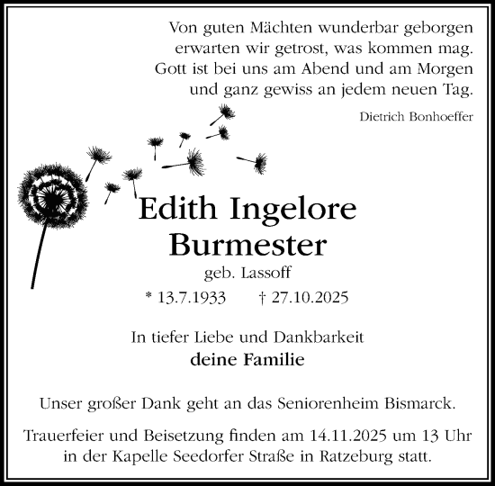 Traueranzeige von Edith Ingelore Burmester von MARKT Ratzeburg/Mölln