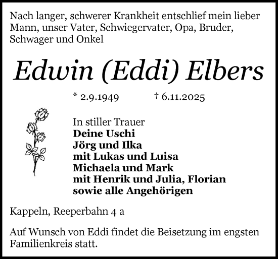 Traueranzeige von Edwin Elbers von Schleswiger Nachrichten, Schlei-Bote