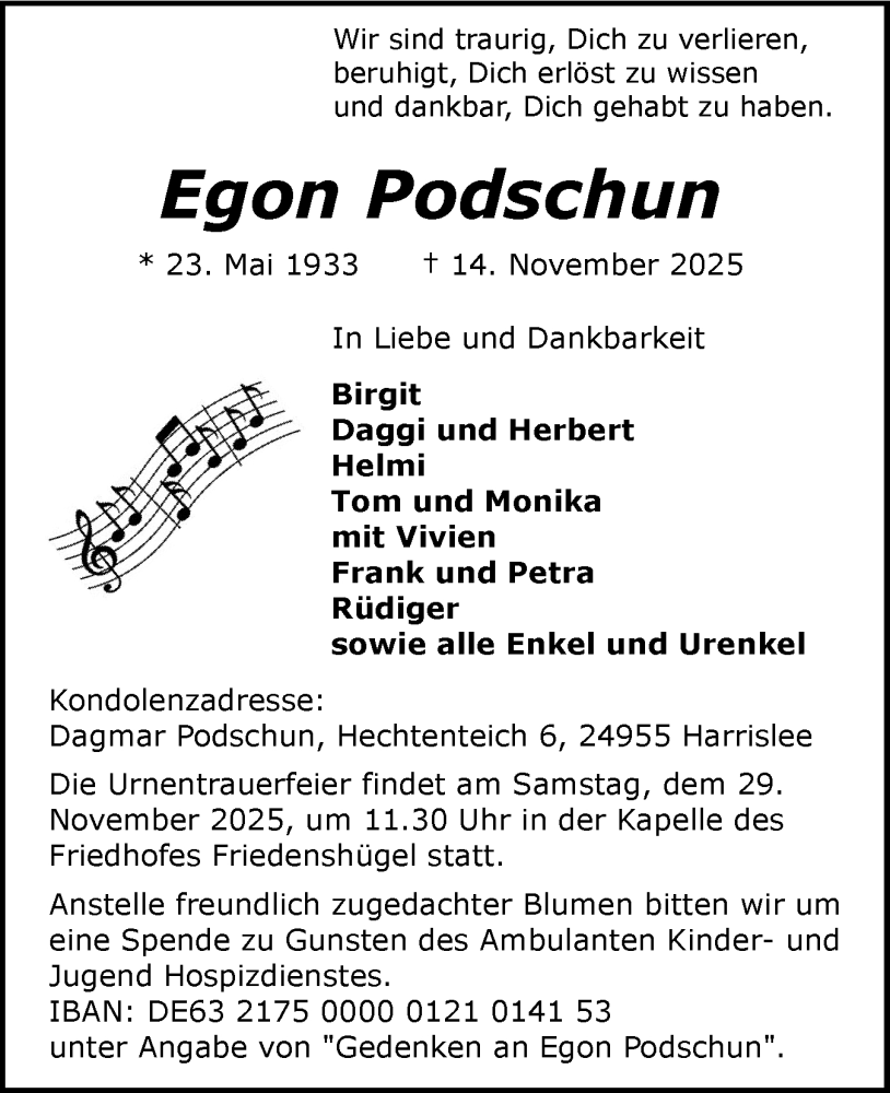  Traueranzeige für Egon Podschun vom 22.11.2025 aus Flensburger Tageblatt