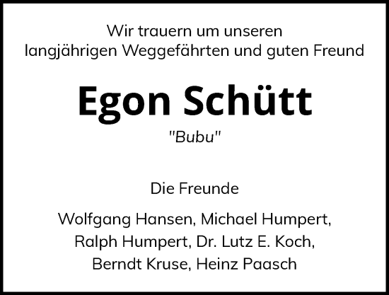 Traueranzeige von Egon Schütt von Eckernförder Zeitung, Hallo Eckernförde