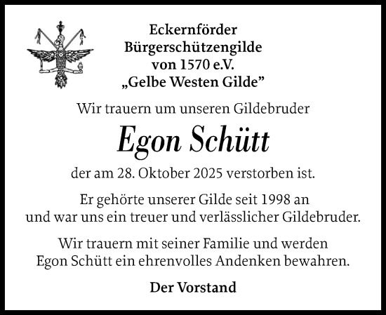 Traueranzeige von Egon Schütt von Eckernförder Zeitung