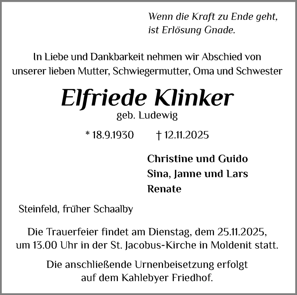  Traueranzeige für Elfriede Klinker vom 15.11.2025 aus Schleswiger Nachrichten, Schlei-Bote