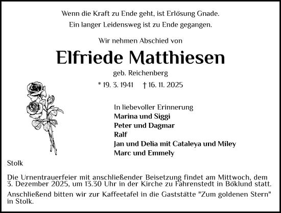 Traueranzeige von Elfriede Matthiesen von Schleswiger Nachrichten, Schlei-Bote