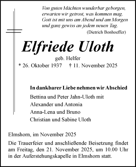 Traueranzeige von Elfriede Uloth von Elmshorner Nachrichten, Barmstedter Zeitung