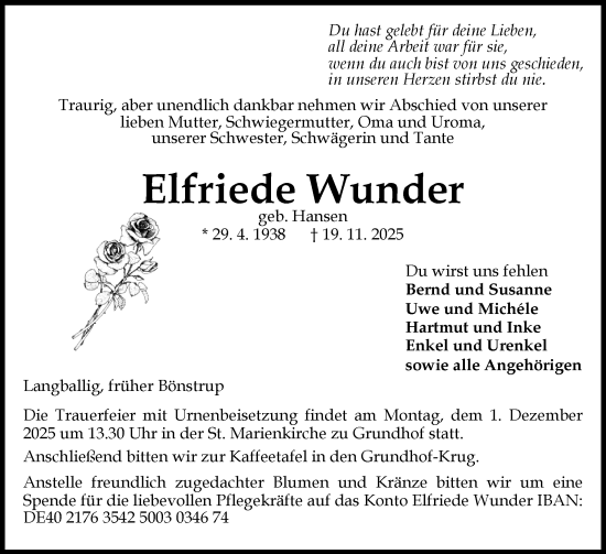 Traueranzeige von Elfriede Wunder von Flensburger Tageblatt