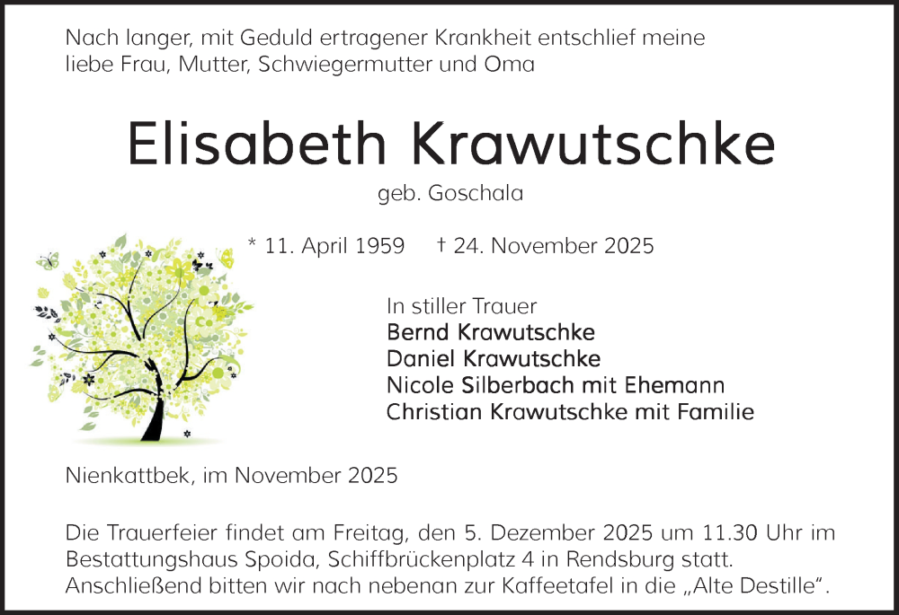  Traueranzeige für Elisabeth Krawutschke vom 29.11.2025 aus Schleswig-Holsteinische Landeszeitung