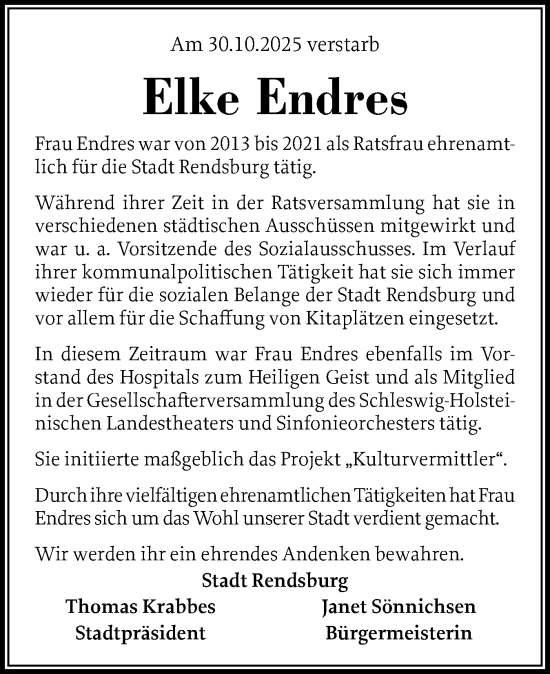 Traueranzeige von Elke Endres von Schleswig-Holsteinische Landeszeitung