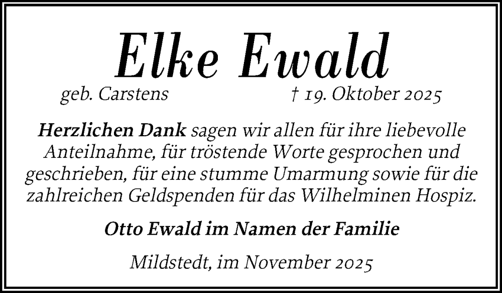  Traueranzeige für Elke Ewald vom 14.11.2025 aus Husumer Nachrichten, Nordfriesland Tageblatt
